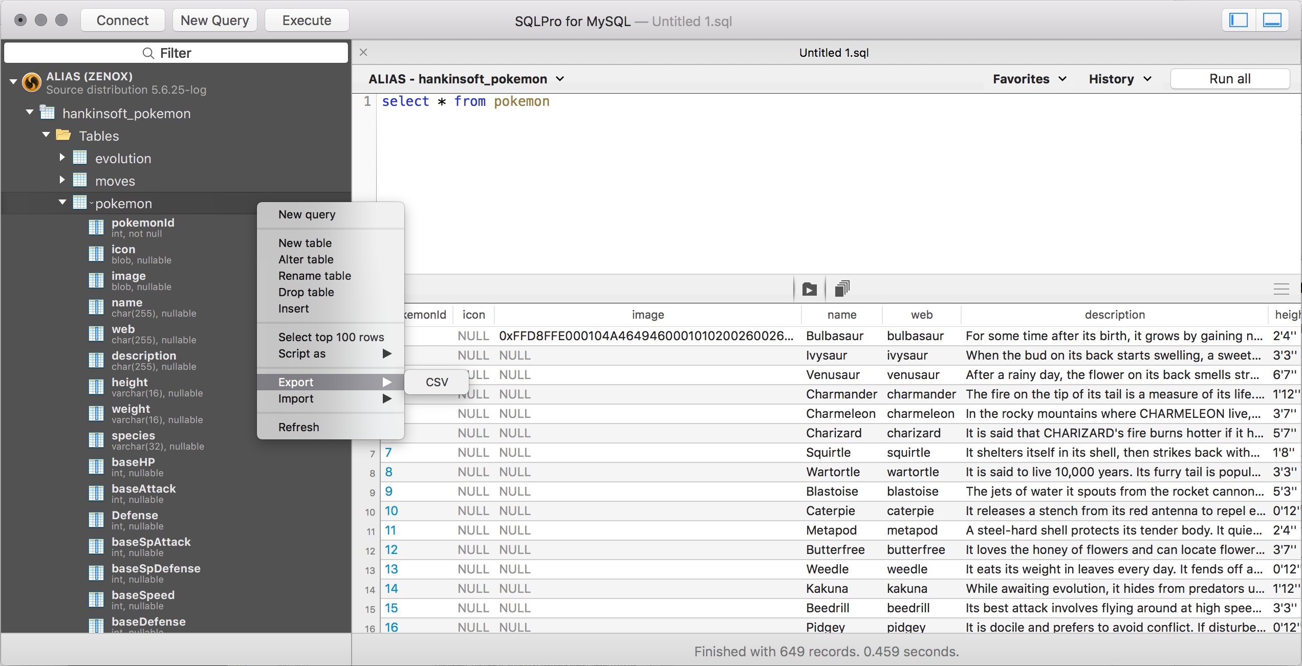 Database tree with context menu